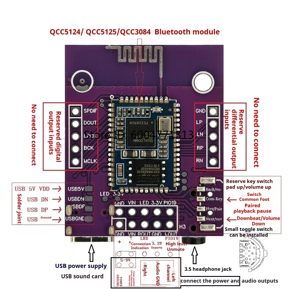 QCC5124 QCC5125 QCC3084 Bluetooth 5.1 Receiver PCM5102A DAC Decoder I2S USB Sound Card 32Bit 96K LDAC Audio Module For Amplifier