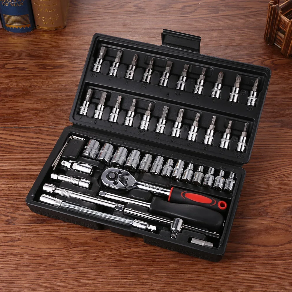 46Pcs Wrench 1/4 Inch Drive Socket Ratchet Wrench Set, With Bit Socket Metric And Extension Bar For Auto Car Repairing Tools