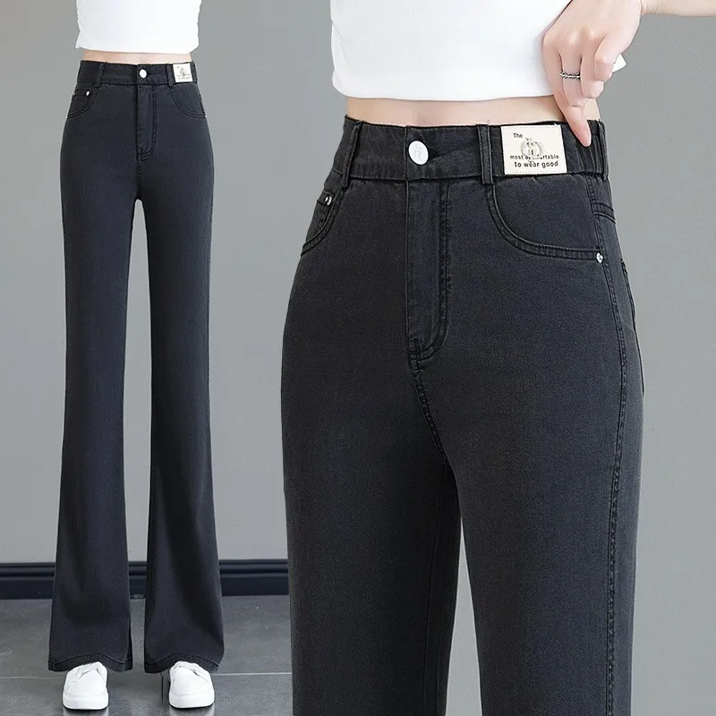 

Женские летние повседневные джинсы-клеш с высокой талией, эластичным поясом, из тонкого ледяного шелка, с эффектом похудения и вставками, облегающие