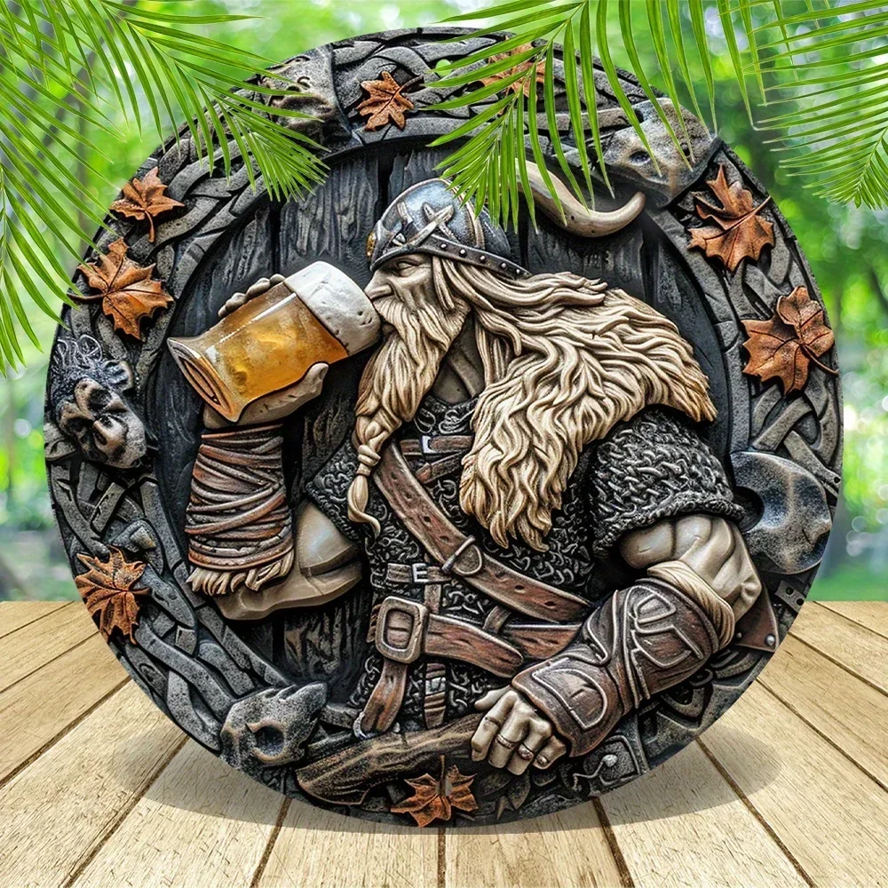 Vintage Viking Warrior Drinking Beer HD Print Metal Tin Sign – Featuring Nordic Raider with Long Beard, Horned Helmet, Chainmail