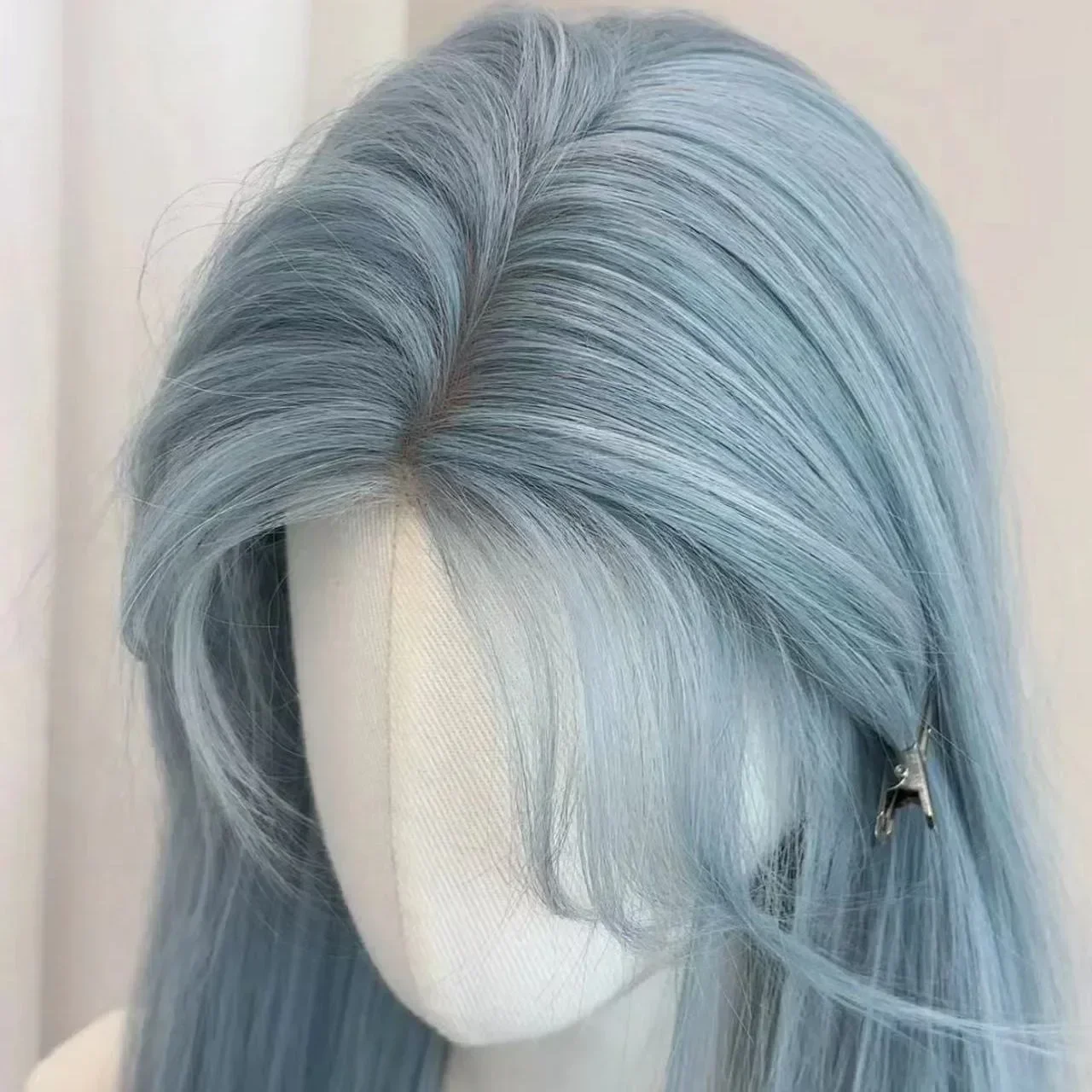 Rambut palsu dahi biru gletser renda Wig biru saturasi rendah rambut palsu panjang kepala penuh wanita musim panas ringan