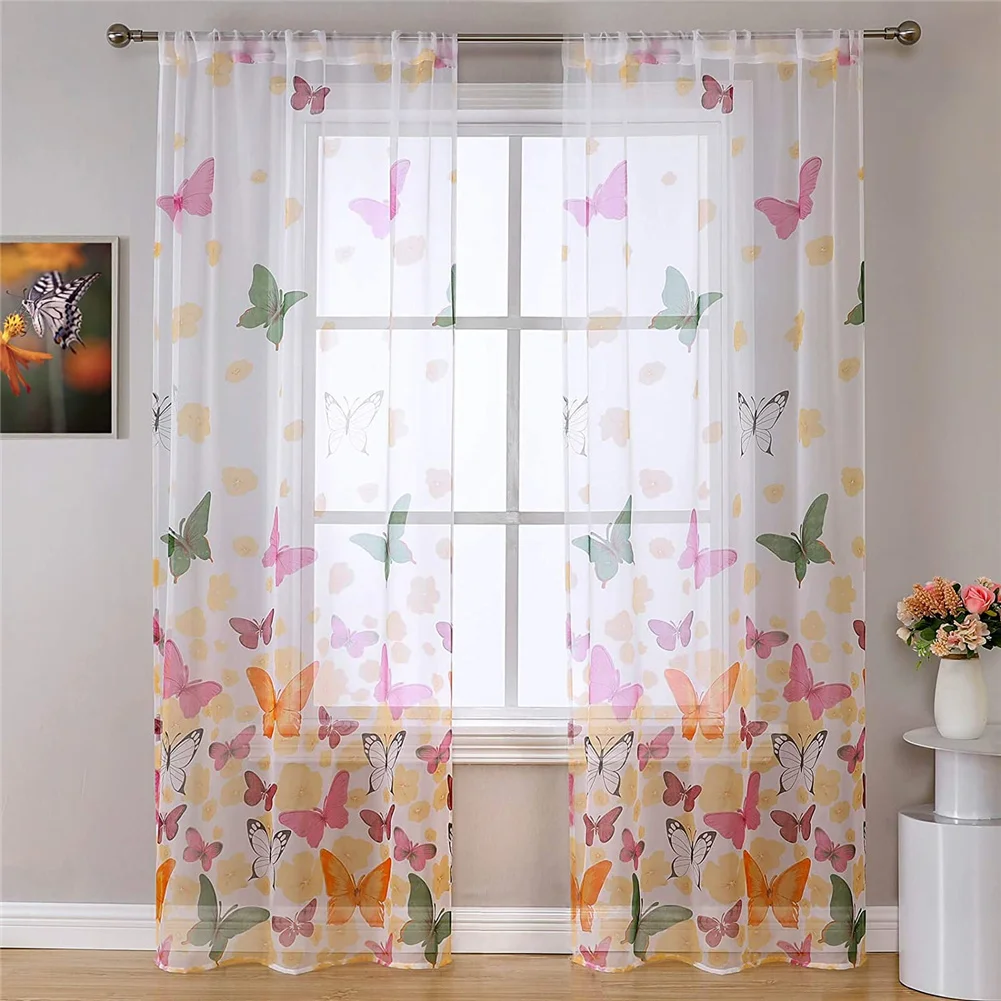 2 Panel Butterfly Pattern Gauze Curtains Fresh Floral Curtains Rod Pocket Semi-sheer Translucent Curtains Drape Panel 100x200cm