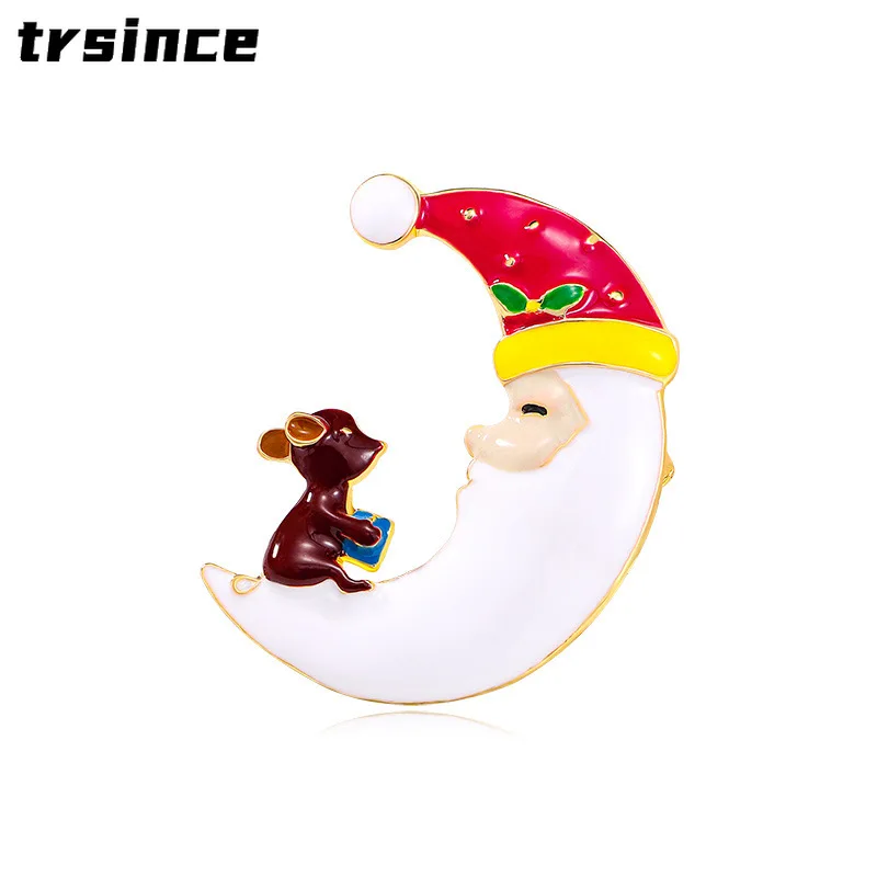 Cute Santa Claus Moon Hat Lovely Elk Brooch Enamel Christmas Corsage Gift for Girls Women Lady Accessories