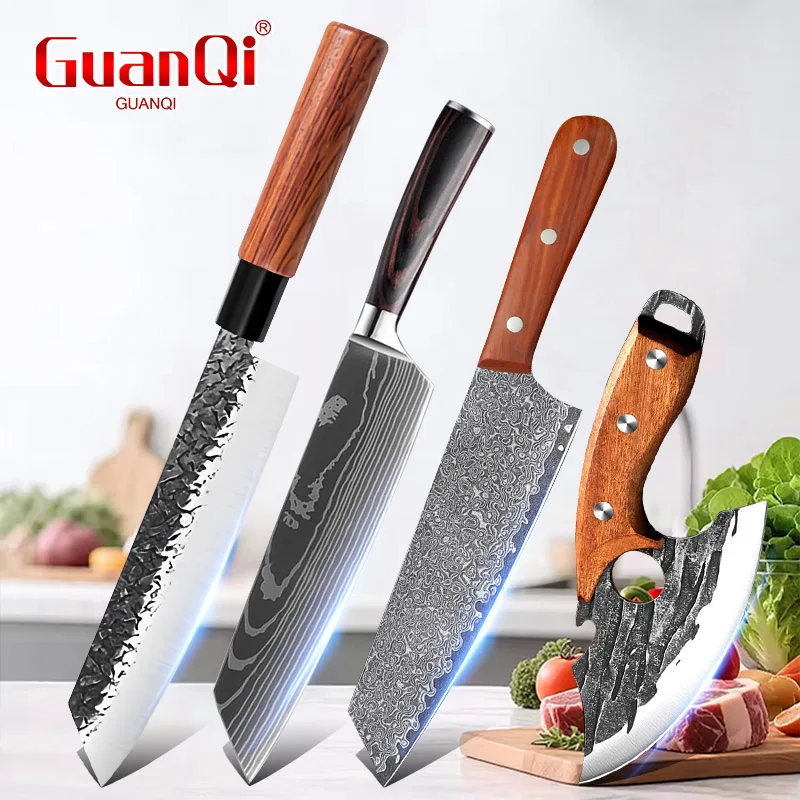 Multi‑Purpose Kitchen Knives Set Forged Blade Wood Handle Chef Slicing Cleaver Knives for Household Meat Vegetable Processing