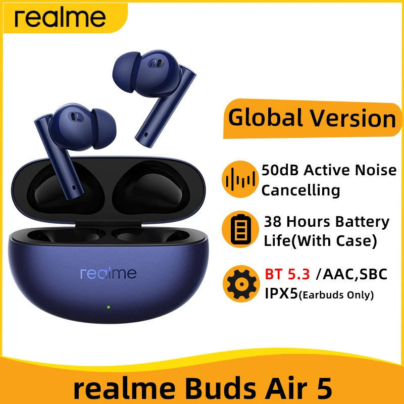 Global Version realme buds Air 5 50dB Active Noise CancellingTWS Earphone Wireless Headphone Bluetooth 5.3 38 Hour Battery