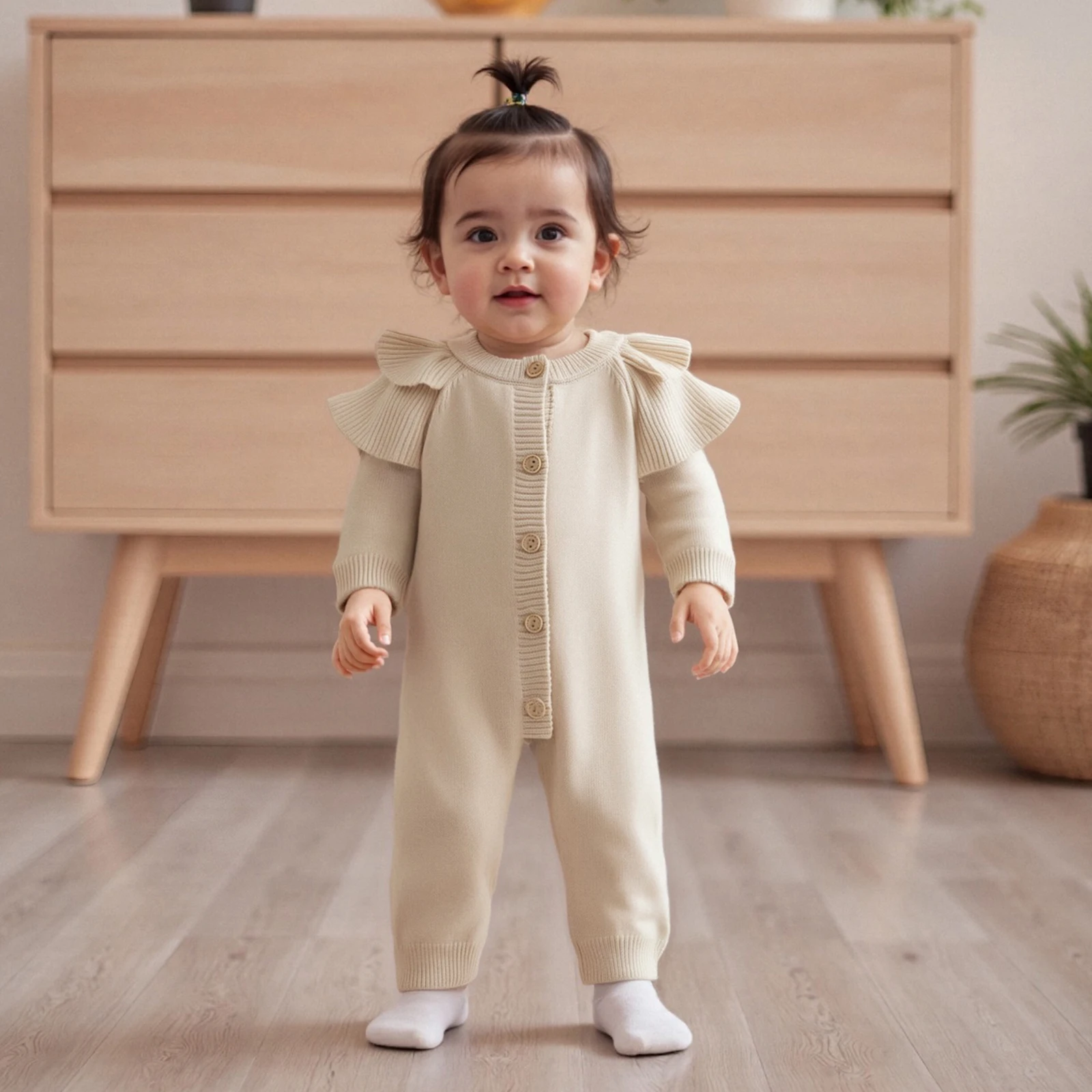 Infant Baby Girl Fall Winter Knitted Romper Cute Ruffled Trim Crew Neck Button Down Sweater Jumpsuit Newborn Clothes 0-18M