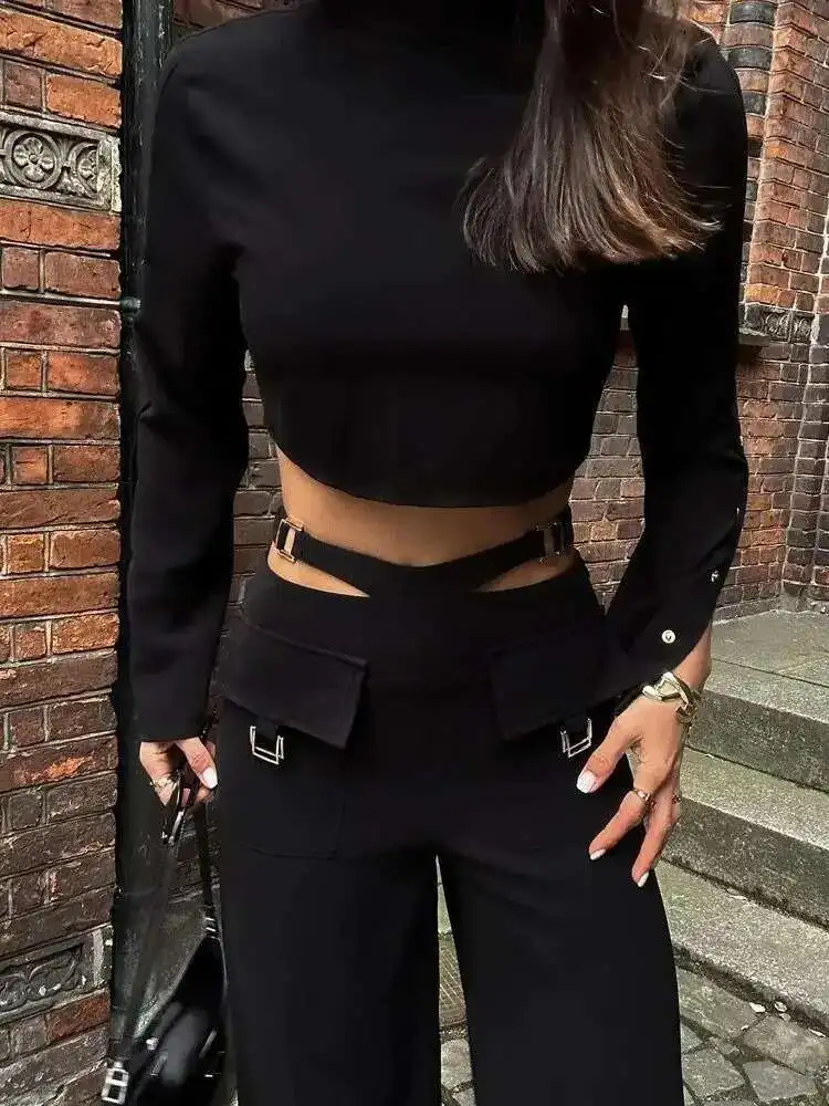 Tweedelige set met gekruiste kleuren en lange mouwen met hoge kraag ​   Effen damesbroek met wijde pijpen, kantoorkleding