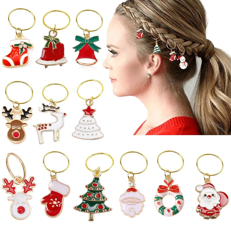 12Pcs/Set Fashion Christmas Hair Rings Braid Dreadlocks Bead Hair Cuffs Dread Charm Dreadlock Jewelry Hair Accessories