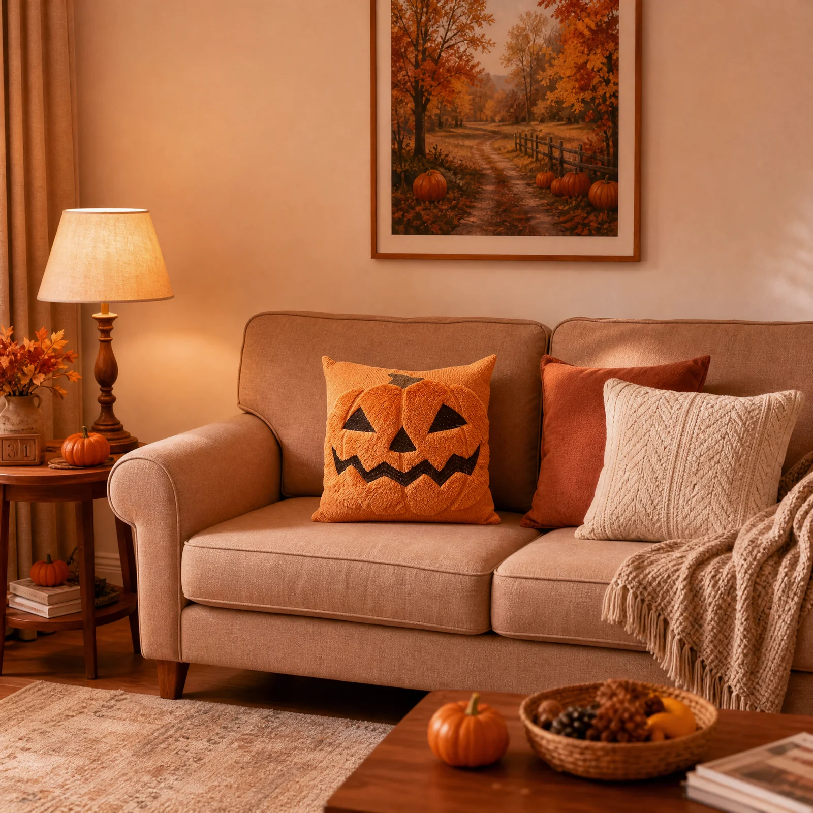 Hidden Zipper Halloween Cushion Cover 18x18 Pumpkin Ghost Plush Faux Fur Embroidery Sofa Couch Living Room