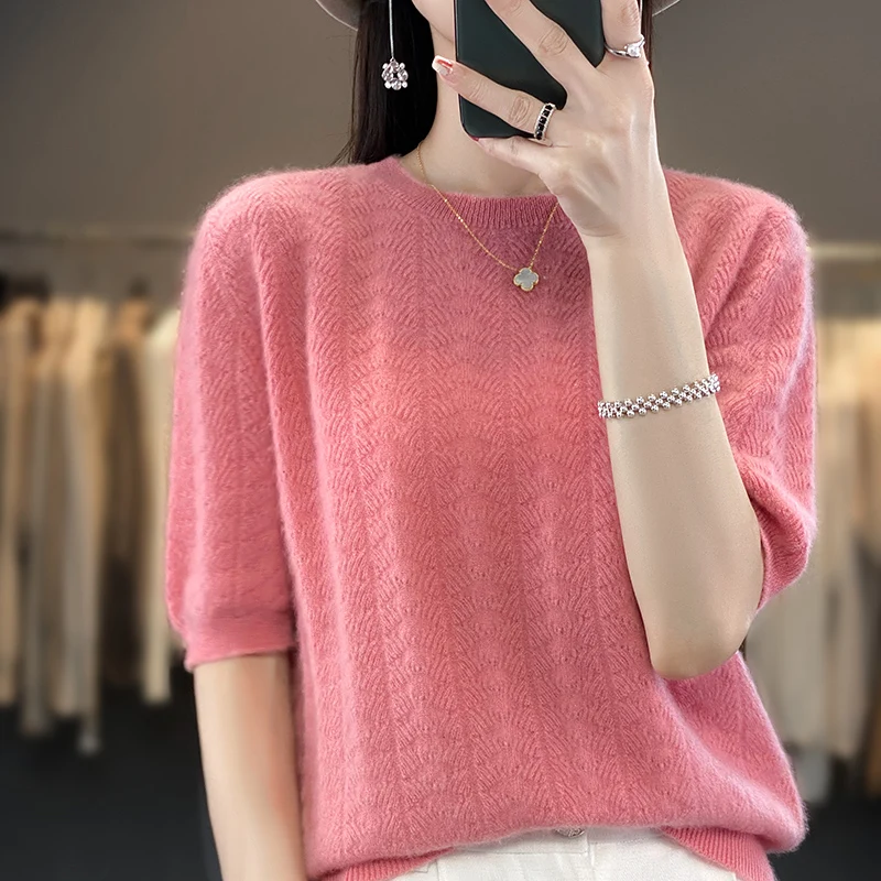 

Spring and Autumn New Women's Round Neck Wool Five-point Sleeve Bottom Shirt Women's Loose Solid Color Hollow Knitted Sweater