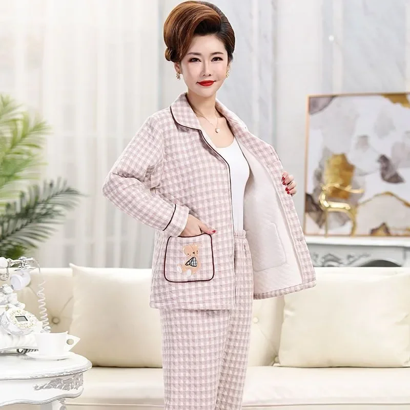 2024 New Autumn Winter Air Knitted Cotton Sandwich Pajamas Female Middle-aged Mother Loungewear Thickened Cotton Warm Homewear