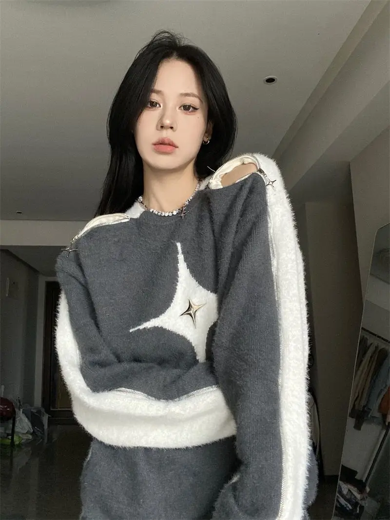 Autumn Harajuku Fashion Retro Contrast 2022 New Y2k  Color Star Sweater Sexy Slash Neck Off Shoulder Long Sleeve Tops Jumpers