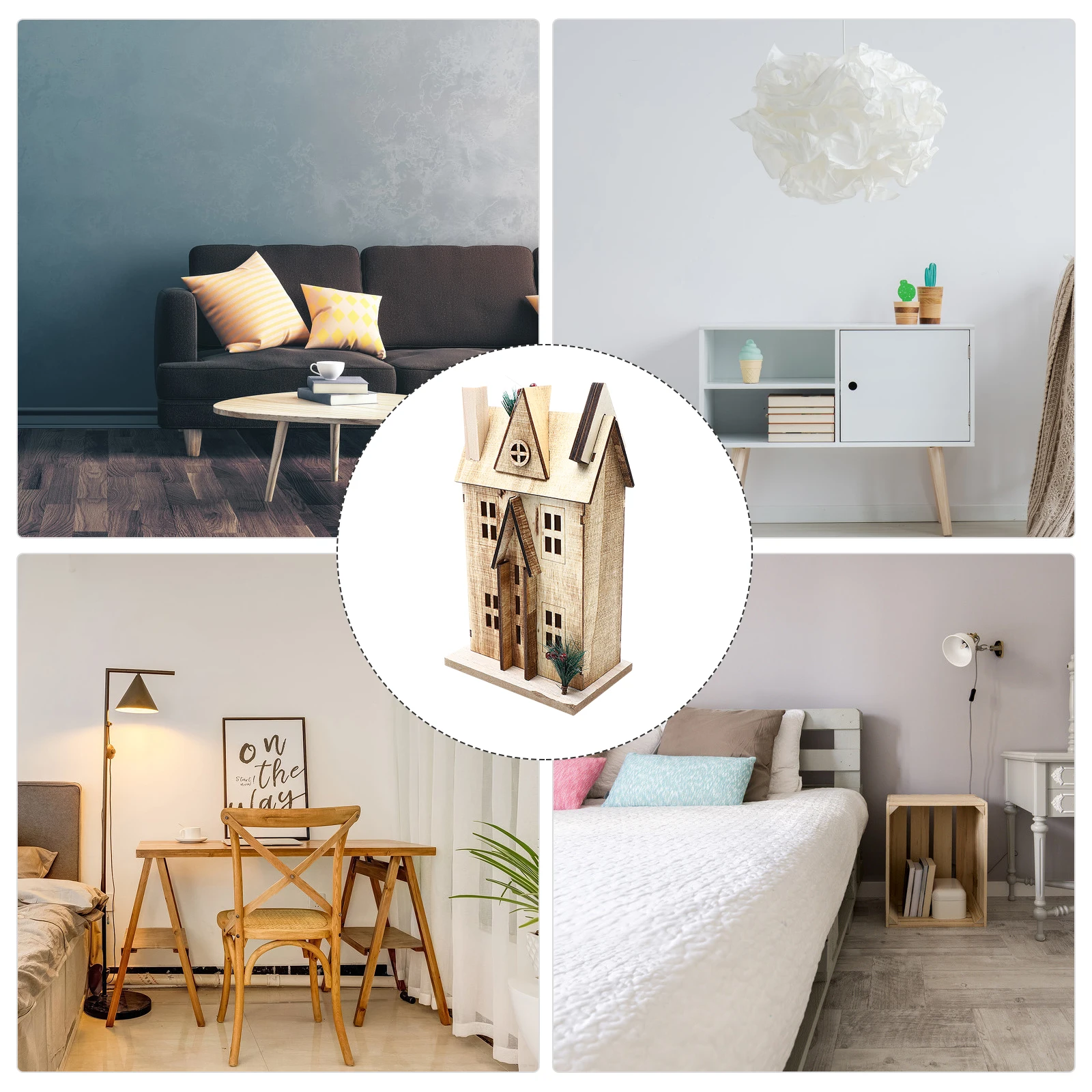 

Christmas Ornaments for Kids Small Wooden House Decorations Xmas Home Desktop Mini Glowing Brown Adorn Child