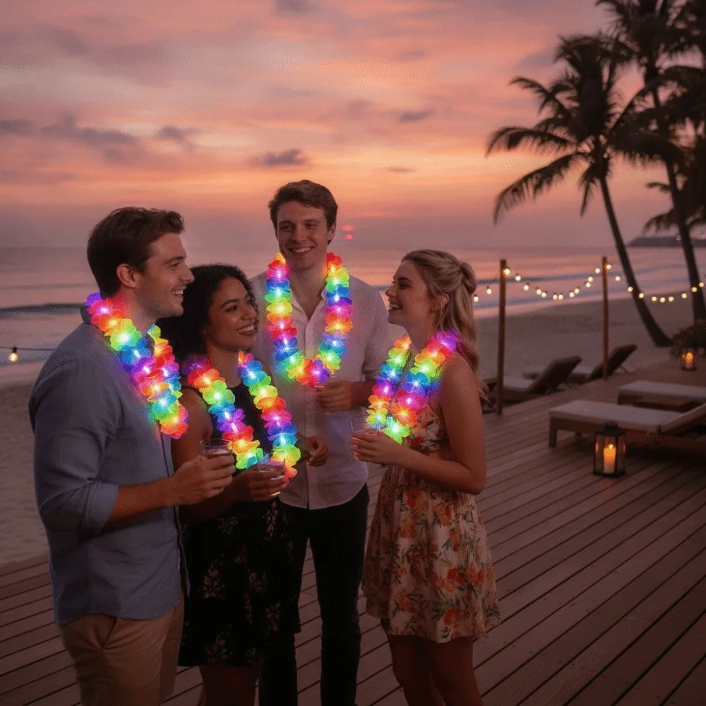 Glow In The Dark LED Necklace Rainbow Lei Artificial Flower Hawaii Lei Tropical Design Light Up Light Up Necklace