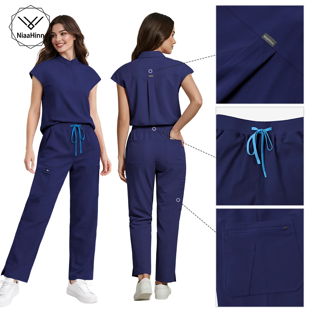 Niaahinn Scrub Women High Quality Short Sleeve Top Wide Leg Pants Hospital Uniforms Stretch Scrubs Medical Nursing Uniform Sets