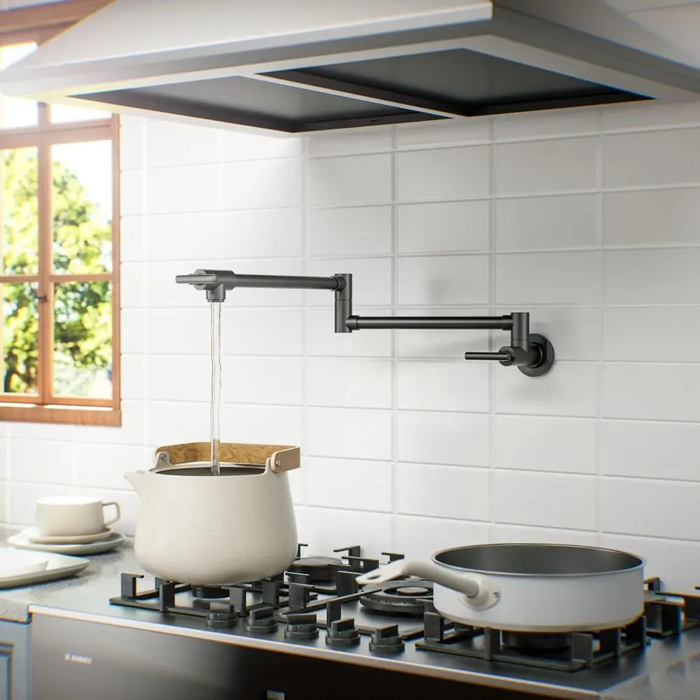 Матовый черный настенный смеситель для кухни с двойным шарниром и наполнителем для кастрюли из латуни