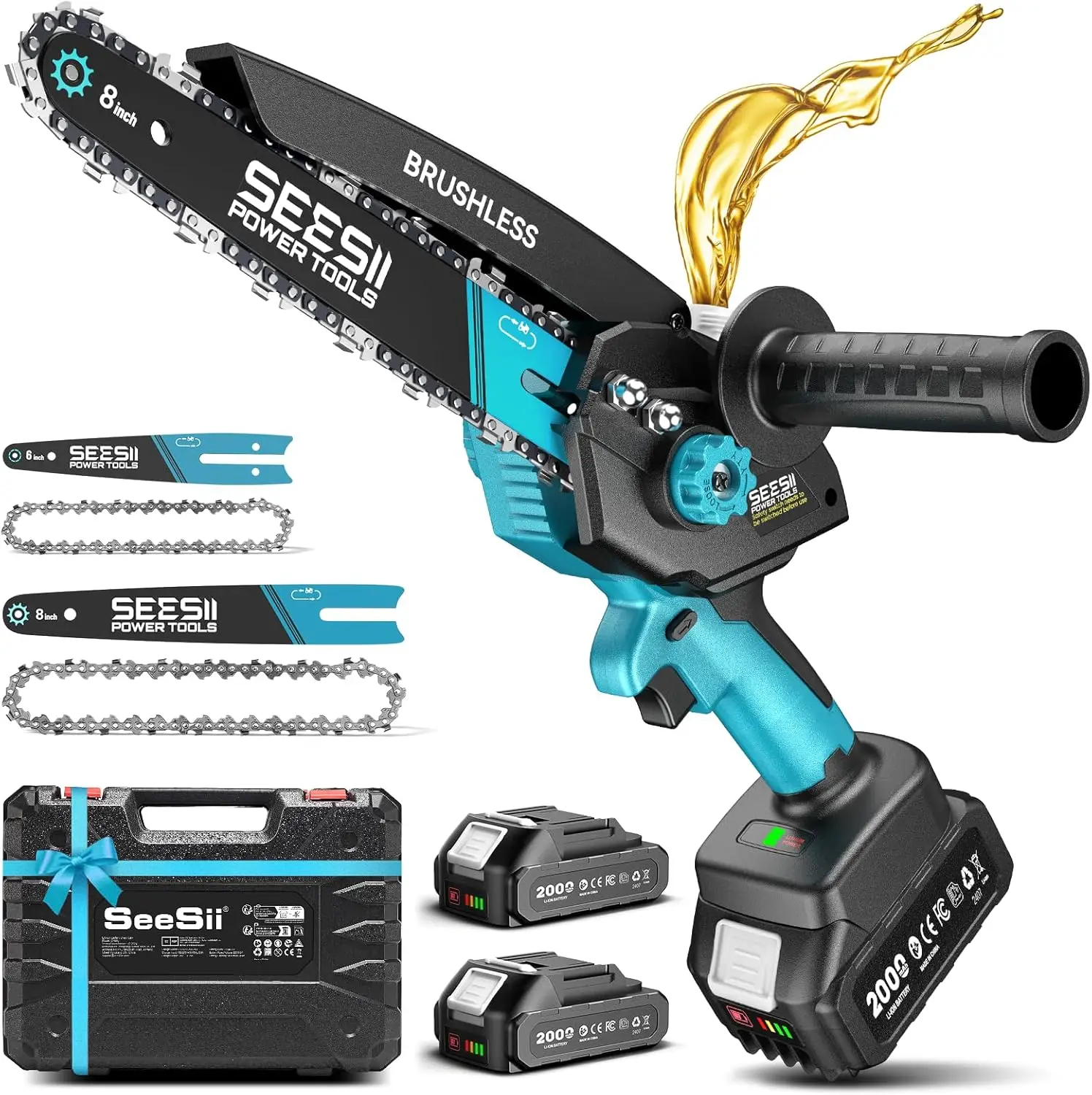 SEESII 8 Inch & 6 Inch Cordless Mini Chainsaw 1000W Brushless Motor, Electric Handheld Chain Saw for Tree Branch Wood Cutting Garden Tools Gift for Makita 18V battery Pin