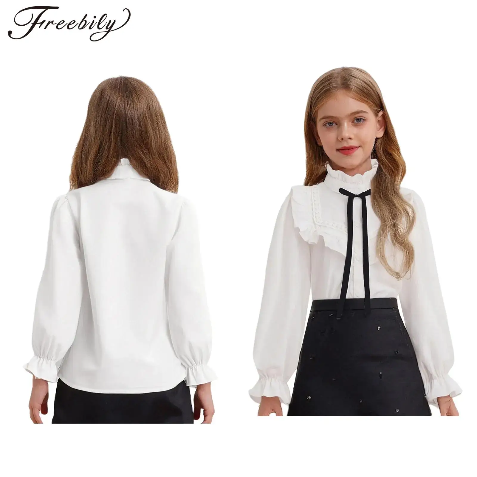 بلوزة بيضاء أنيقة للفتيات المراهقات بياقة مكشكشة وأكمام طويلة وقميص لطيف بأزرار على شكل فيونكة للمدرسة وحفلات أعياد الميلاد وحفلات الزفاف