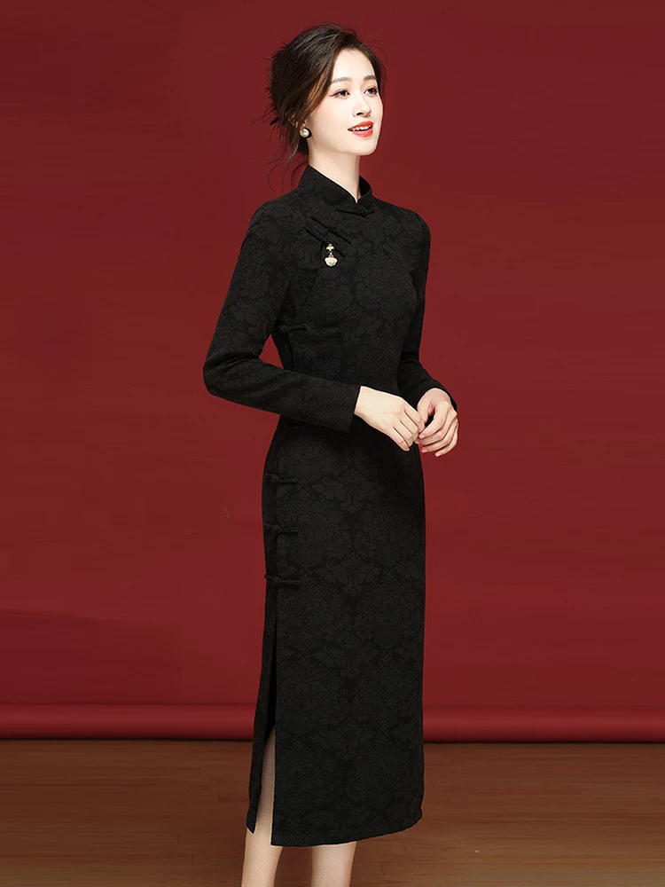 

Новое китайское платье-ципао с длинным рукавом, облегающее, для повседневной носки, винтажное, класса люкс, из смесового хлопка, с низким разрезом, миди, для женщин