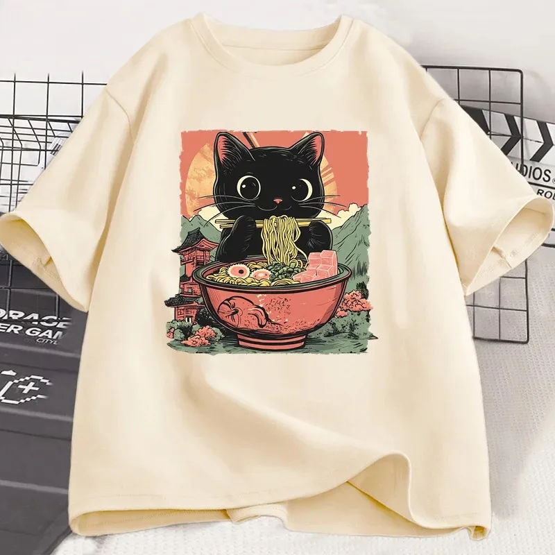 Cute Black Cat Eating Ramen Print T-shirt Women's Harajuku Short Sleeve Casual Women's T-shirt Clothing Tops Aesthetic Clothes