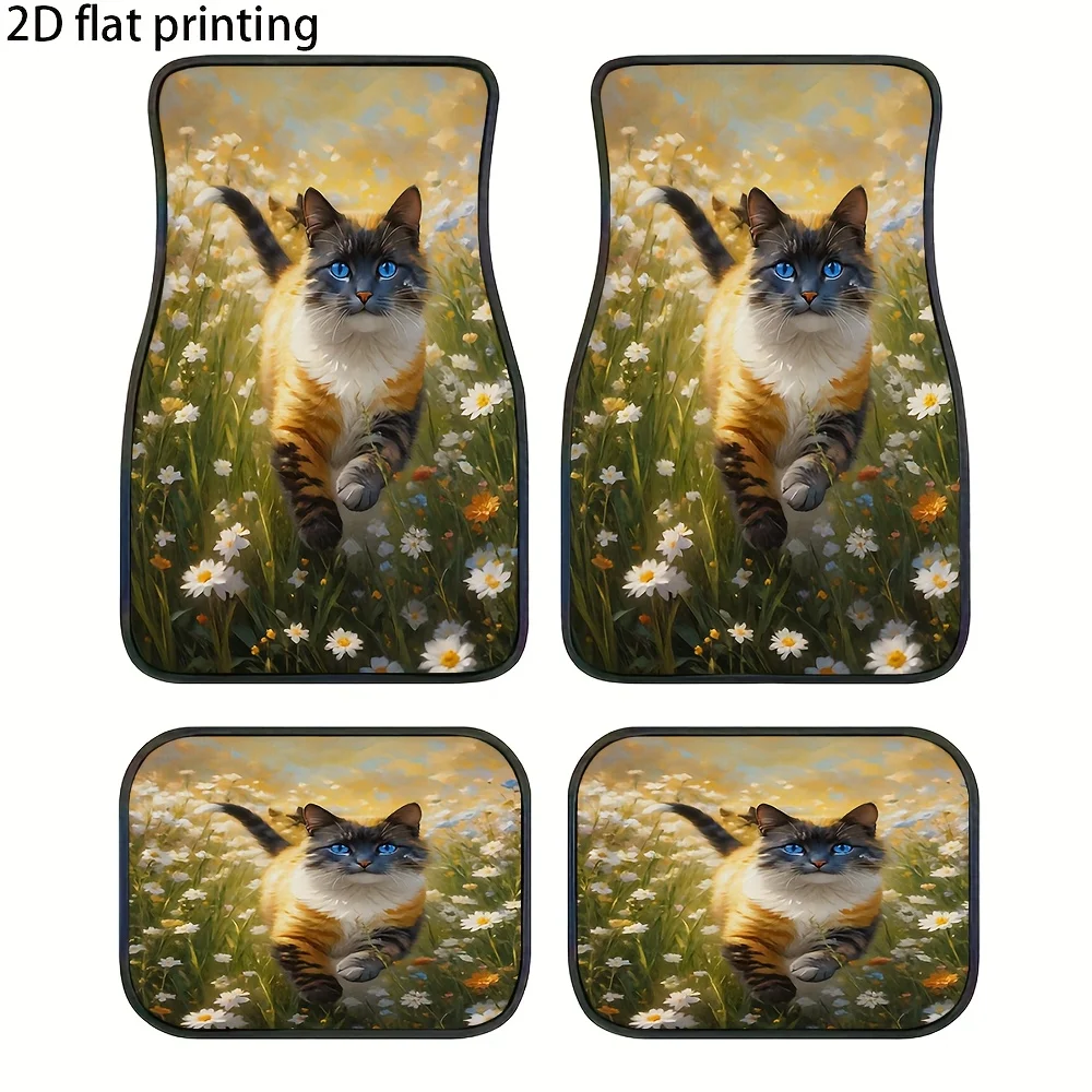 4pcs Car Floor Mats, Pastoral Flower Field With Running Cats Pattern, Fit Material Auto Accessories For Front And Rear Seat Lin