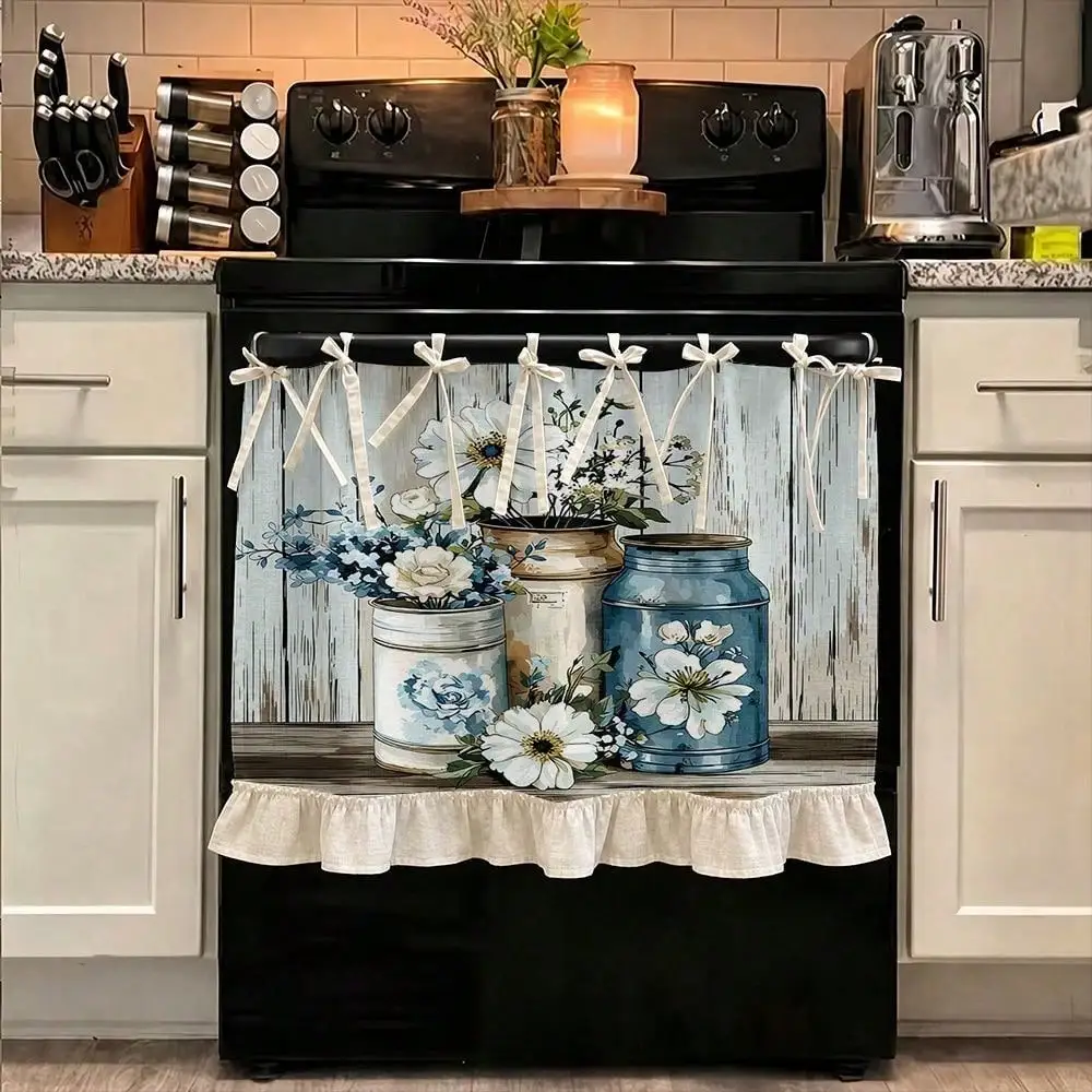 2D Farmhouse Style, Kitchen Appliance Cover, Multifunctional Oven Protective Curtain, Vintage Floral Mason Jars and Rustic Wood Print, Fabric with Ruffled Hem and Tie String Closure, Home Decor for Country Cott Kitchen Apron