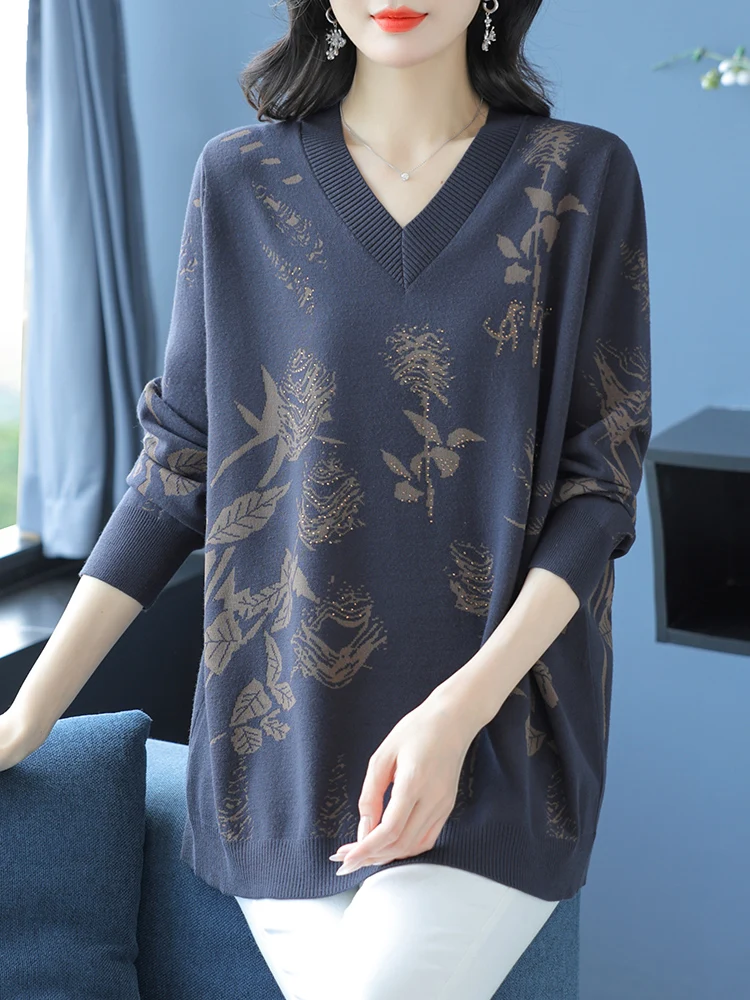 

Floral Print Sweater Women Autumn Causal Women's Clothing Pullover Knitted Dress V Neck Loose Long Sweaters For Women