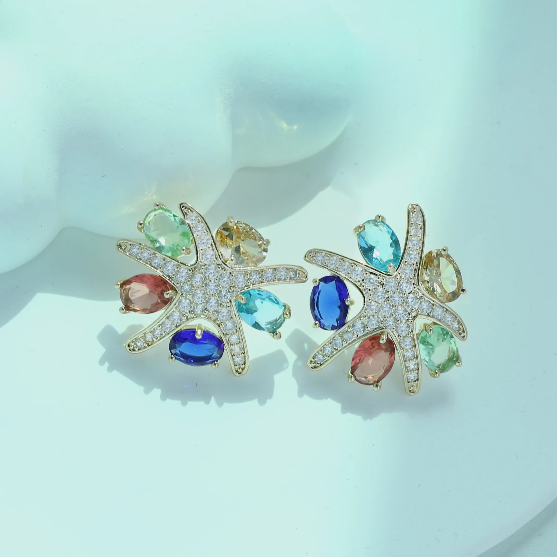925 Silver Needle Luxury Starfish Rainbow Gemstone Stud Earrings, Elegant Bridal Wedding Jewelry Gift for Women