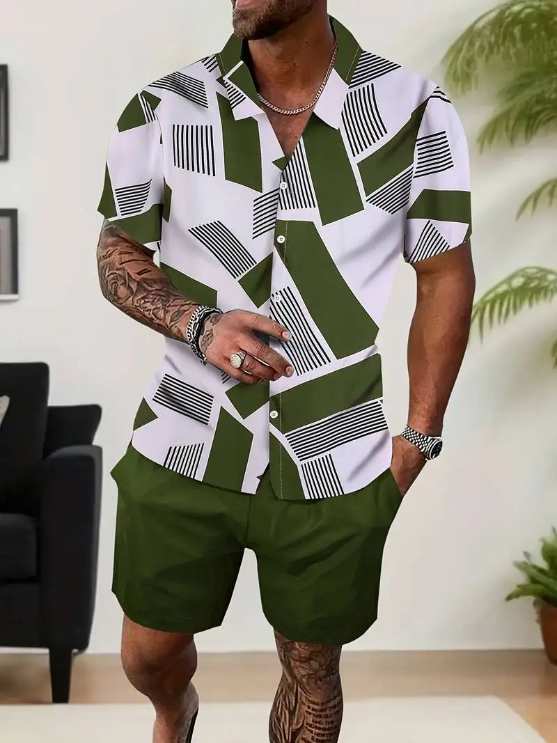 

Men Geometric Print Lapel Short Sleeve Pajama 2 Piece Set, Summer Loose Vacation Loungewear Wear Outdoors, Drawstring Waist Shor