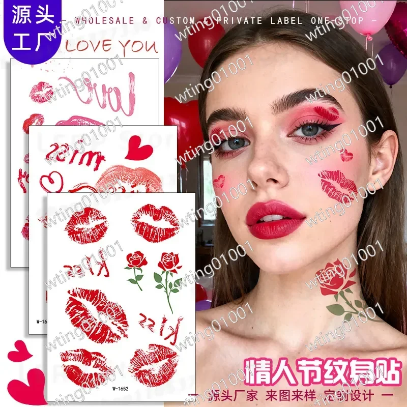 for Valentine Music Festival Bow Lip Print Tattoo Sticker Waterproof Makeup Prop for Couples Party Decoration Fake Kiss Mark