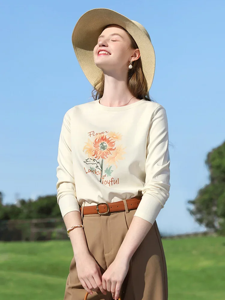 I BELIEVE YOU Long Sleeved T Shirt Women 2025 Spring New Basic Positive Shoulder Slim Apricot Sunflower Print Tops 2251015920