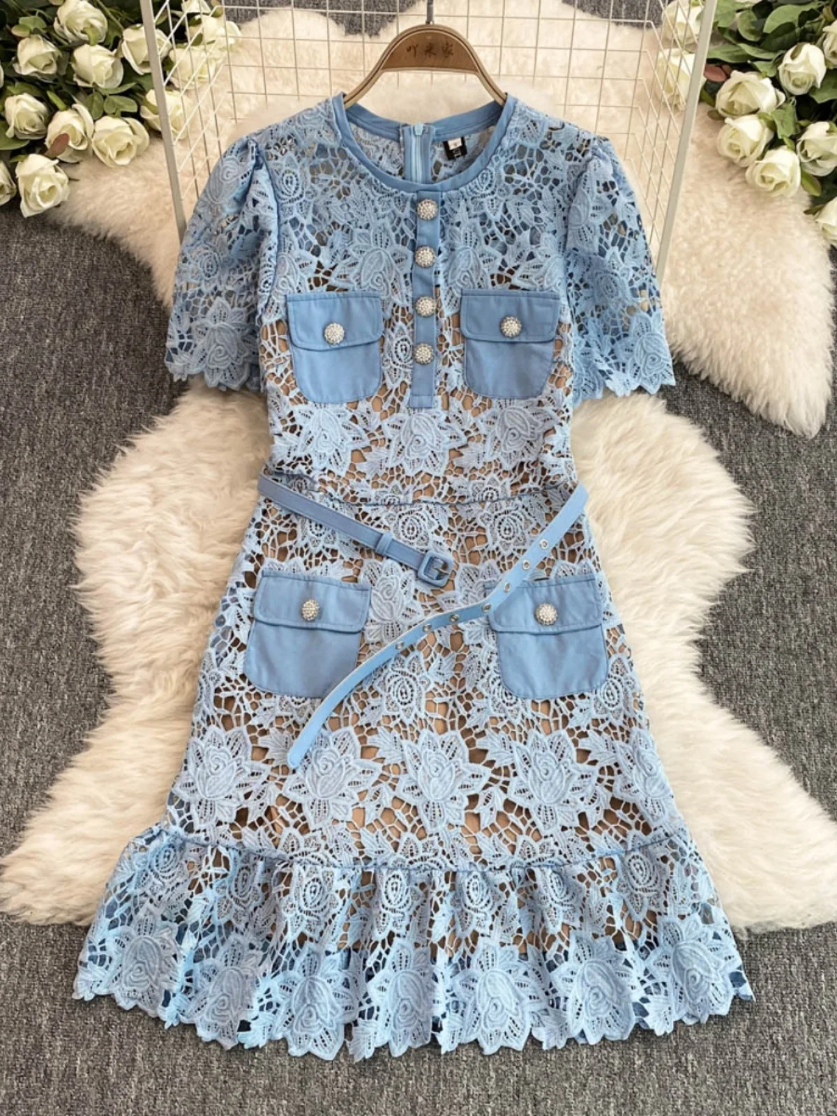 Quality Summer Embroidery Fishtail Short Evening Prom Dress Women Blue Beaded Button Ruffle Belt Mini Party Flower Dresses Brand