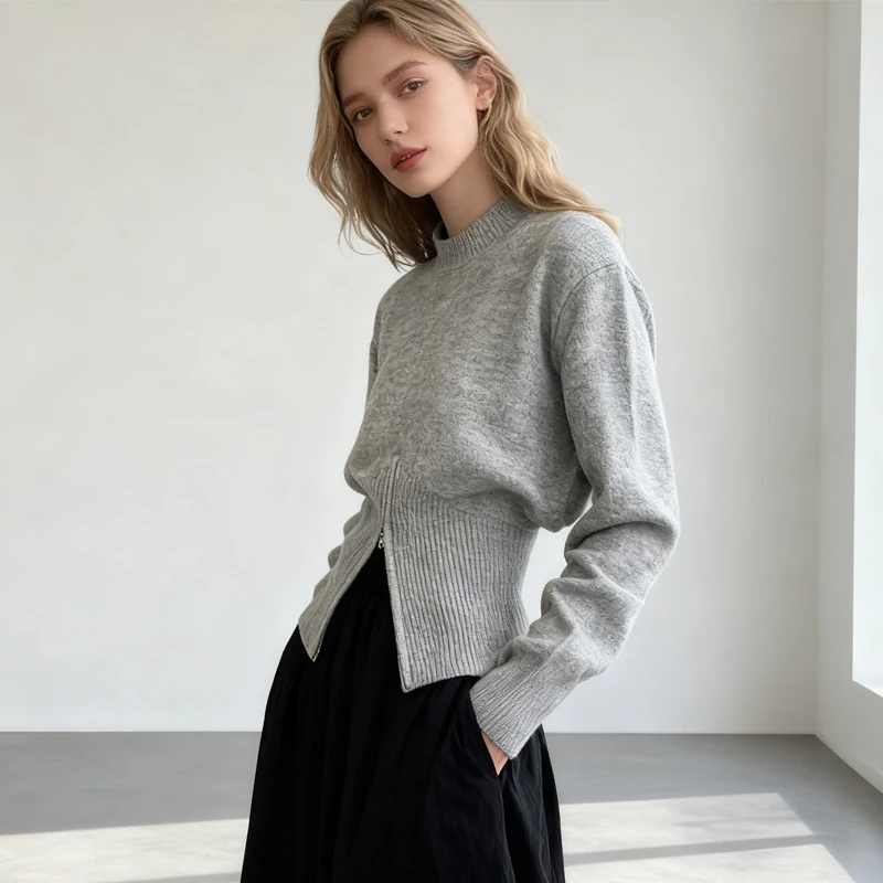 2025 Autumn Korean Style O-neck Slim Fit Sweater Fashion Casual Long Sleeved Sweater Elegant Solid Color Sweater with Zipper