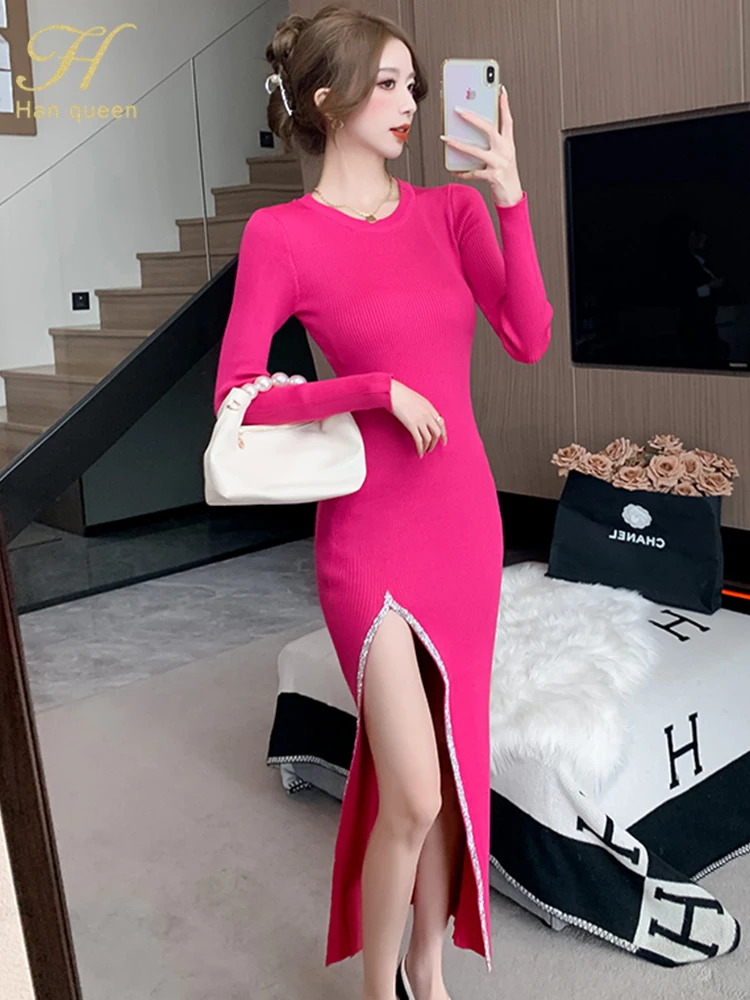 H Han Queen Frauen Lange Kleider Dame Elegante Rundhals Diamanten Midi Split Schlank Langarm Bodycon Maxi Gestrickte Pullover Kleid