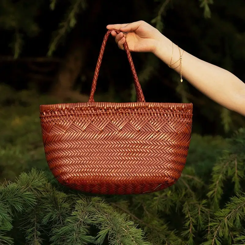 

Hand-woven leather handbags, full-grain leather hand-woven triple jump bamboo style women's HOBO bags, summer holiday bags