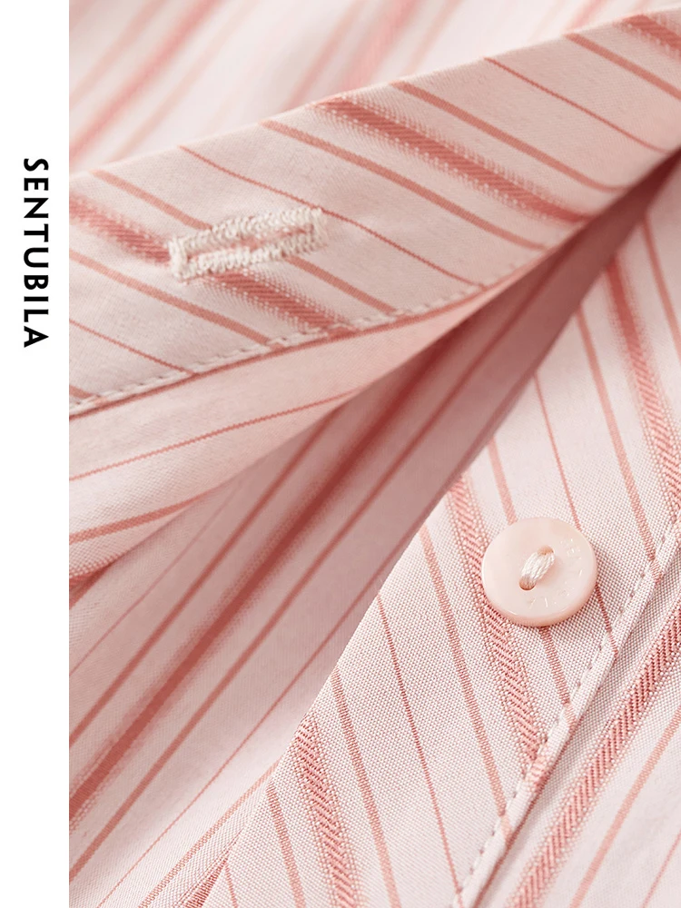 SENTUBILA Pink Striped Shirt 2024 Spring  Polo Collar Button Up Casual Loose Shirts & Blouses Long Sleeve Womens Tops 141C53583