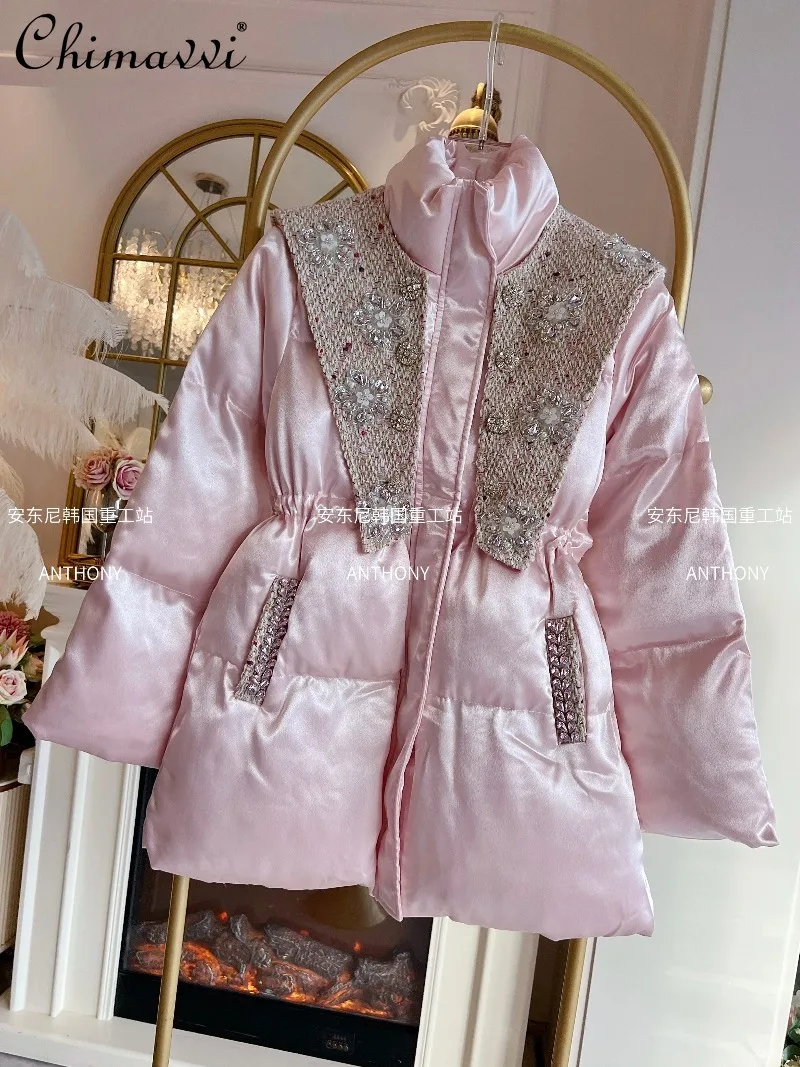 

Тяжелая модная лоскутная хлопковая куртка с воротником-стойкой, зимнее утолщенное теплое хлопковое пальто 2025 года, свободная куртка со стразами для милых девочек