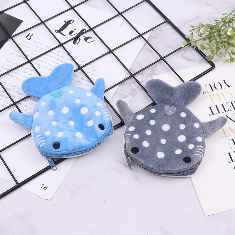 Women Coin Purse Cartoon Cute Plush Shark Coin Purse Zip Plush Three-dimensional Coin Purse Headphone Bag Wallet Key Holder