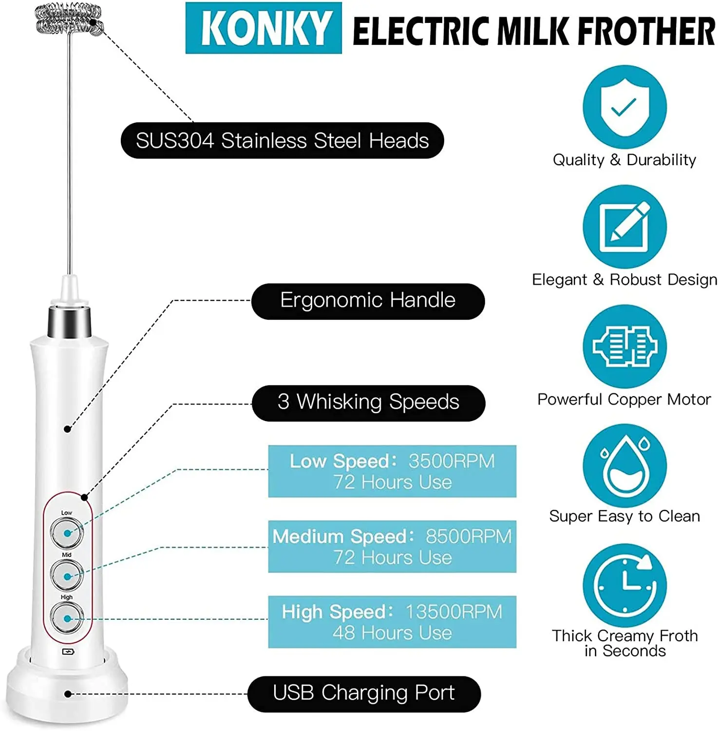 Espumador de leche eléctrico portátil 3 en 1, Espumador de mano recargable, mezclador de bebidas de alta velocidad, varita de espuma de café