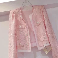 Women's Korean Outerwear Cardigan Splicing Sequin Jacket 2024 Spring Female Long Sleeved Stylish Socialite Versatile Slim Jacket