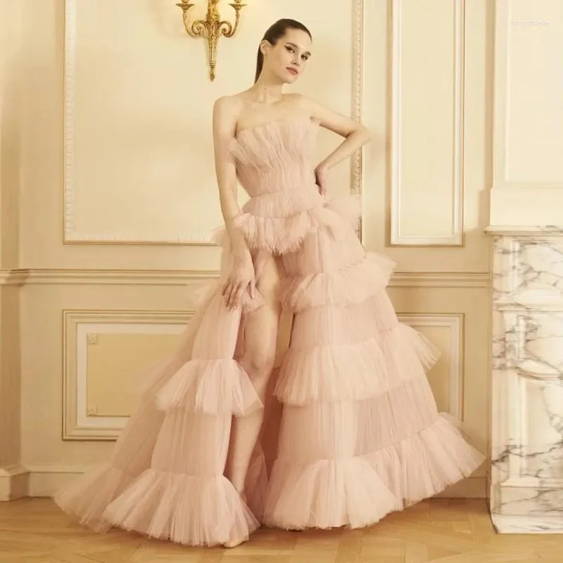 Sweet Pretty Blush Pink Ruffles Tulle A-line Prom Gowns Puffy Sexy High Side Split Women To Birthday Party Formal Dress