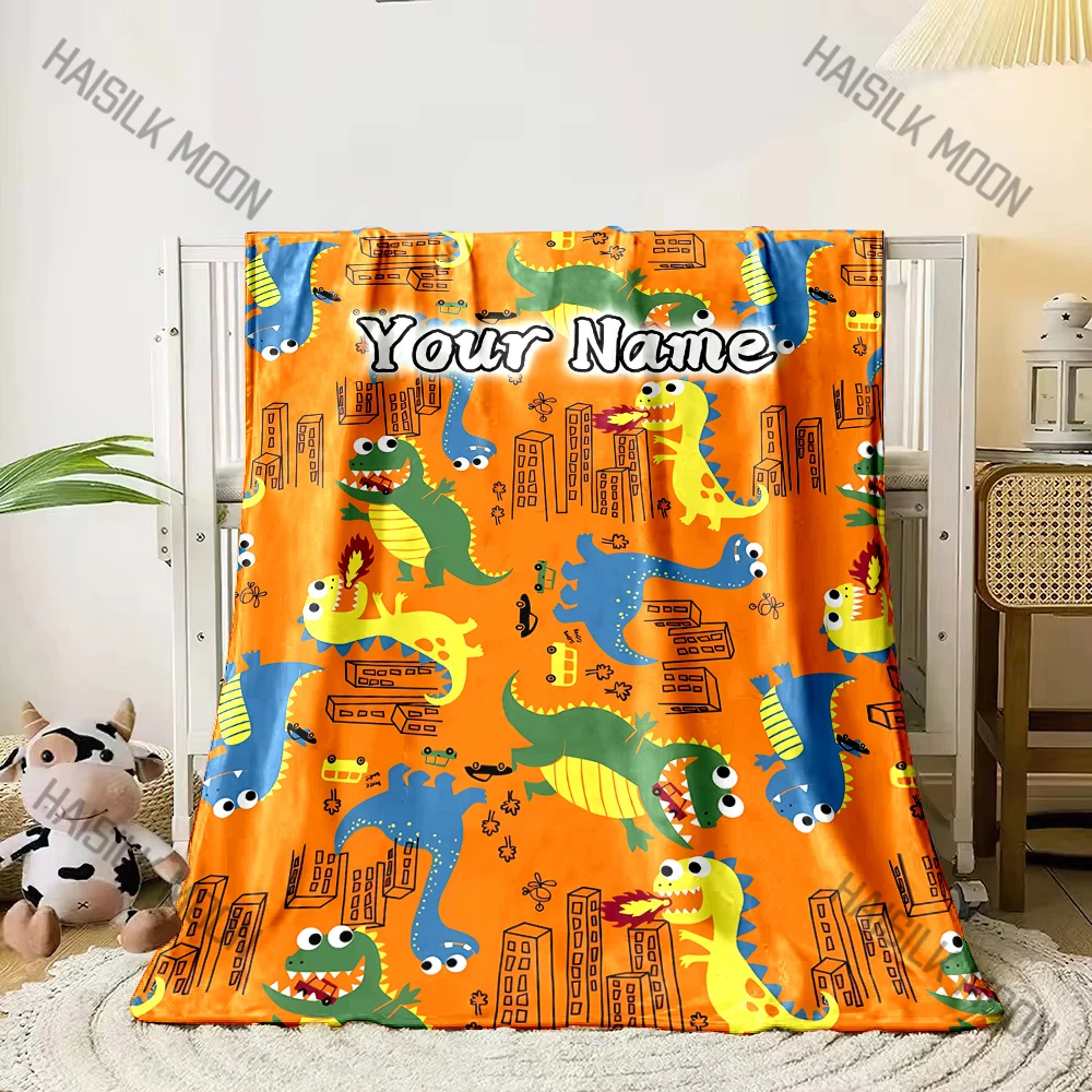 

Custom A Vibrant Orange Dinosaur Print Name Flannel Throw Blanket - Soft, Warm Personalized for Couch, Bed,Travel,Camping,Office