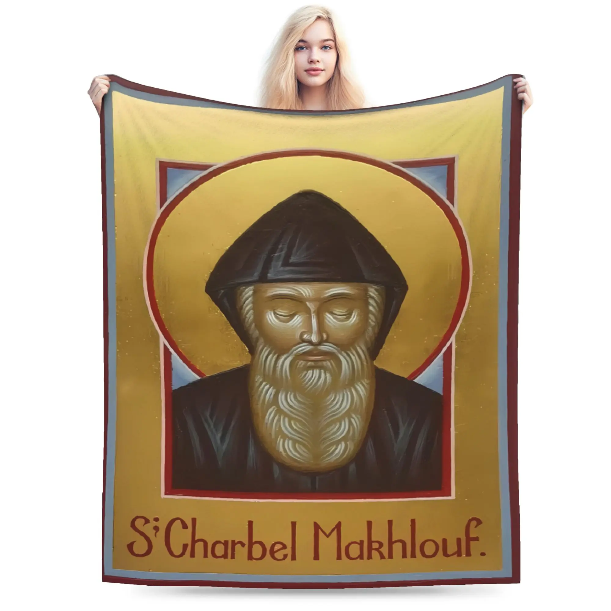 Solemn Saint Charbel Dark Portrait Blanket Quality Warm Soft  Throw Blanket Spring Camping Outdoor Print Bedspread