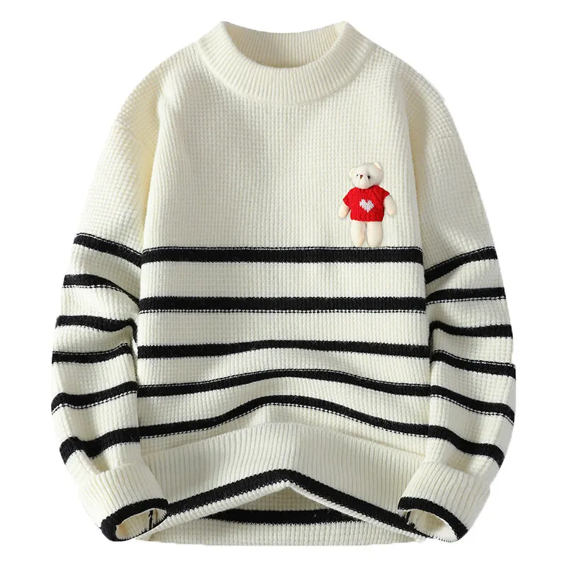 2025 Autumn/Winter High Quality Casual Men's Striped Round Neck Sweater Half High Neck Thick Solid Color Knitted Sweater