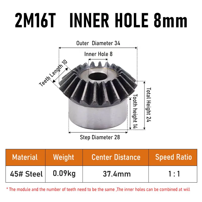 Bevel Gear 2M 16Teeth With Process Hole 8mm 90 Degree Drive Commutation Steel Gears With Screw