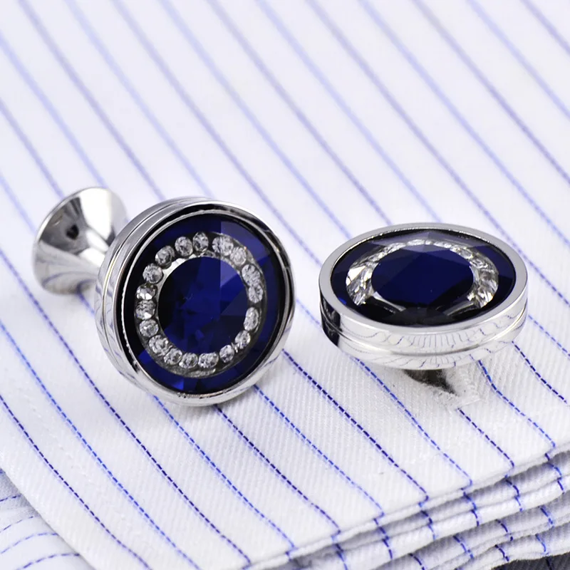 FLEXFIL Jewelry French shirt Fashion cufflinks for mens blue crystal Cuff link Wholesale Button High Quality Wedding Male