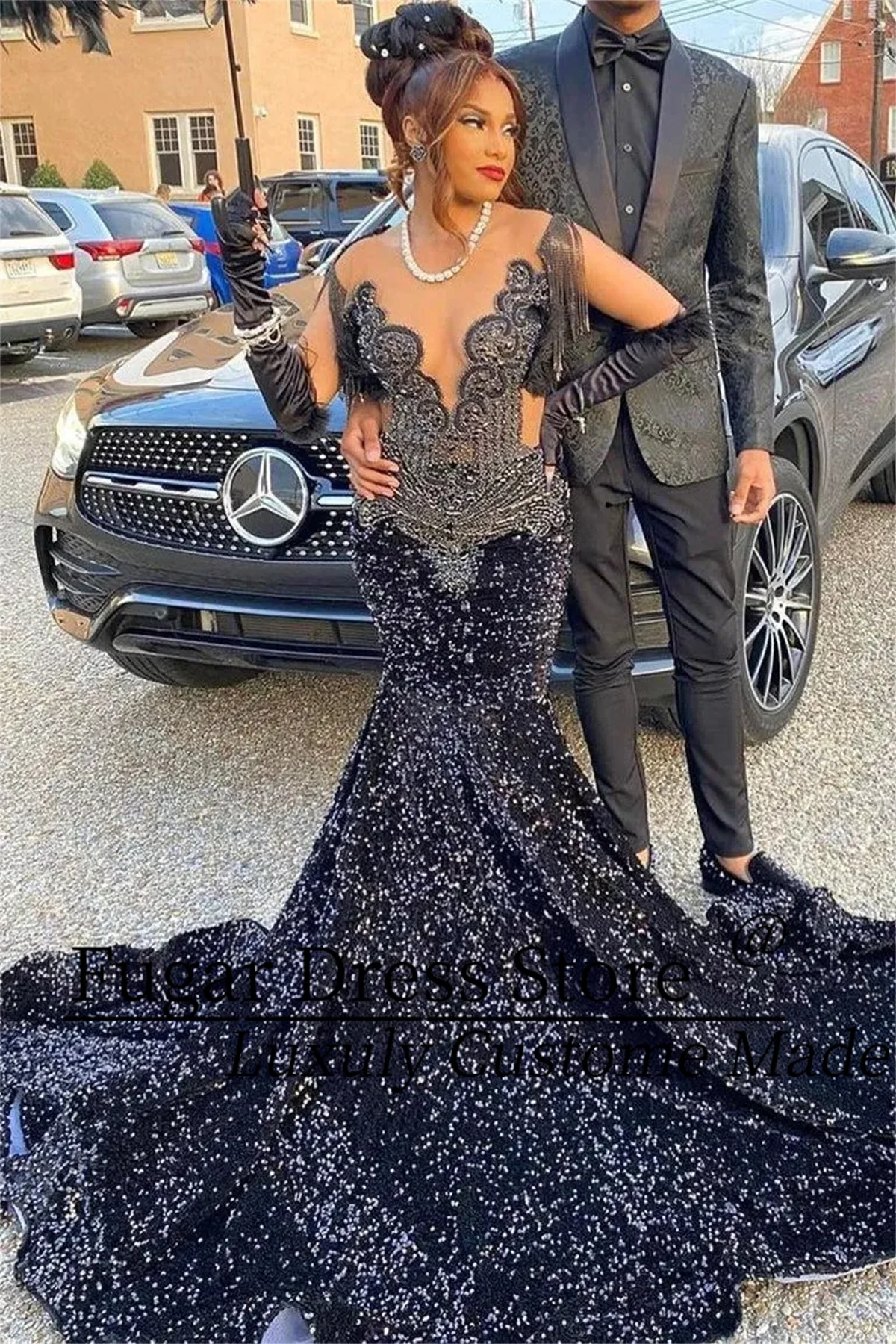 TIANTIAN Customized Sparkle Navy Blue Sequined Crystals Mermaid Prom Dresses Sheer Jewel Neck Beaded Vestidos de bal فساتين سهرة