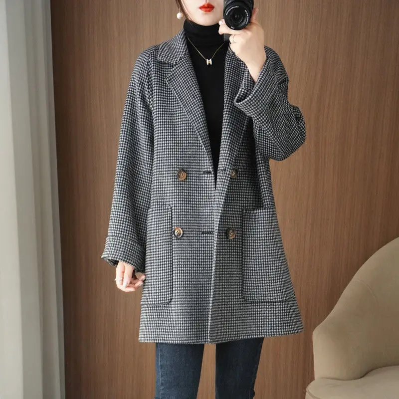 

Double-sided woolen wool coat, double-breasted mid-length stylish French coat for women, winter woolen mom coat