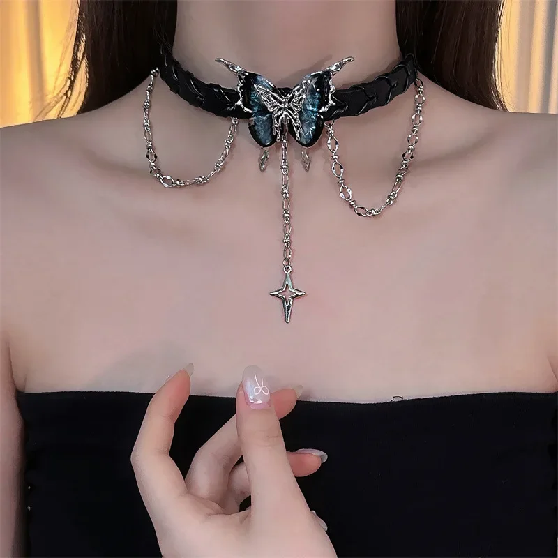Punk Gothic Harajuku Fashion Sweet Cool Hottie Black Butterfly Tassel Neck accessory Pendant Advanced Collarbone chain Choker