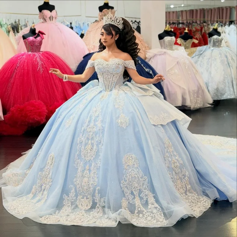 

Shiny sky blue Quinceanera Dress off-shoulder Lace crystal glitter decal Long tail Bow vestidos de 15 Quinceanera ﻿Customized